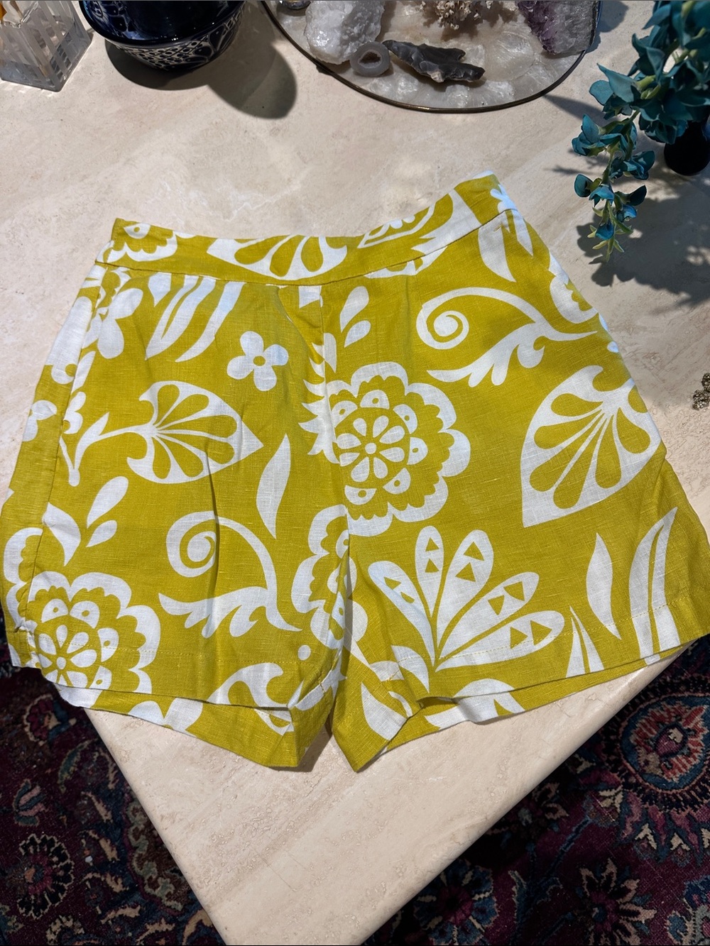 Boden Yellow and White Floral High-Waist Shorts